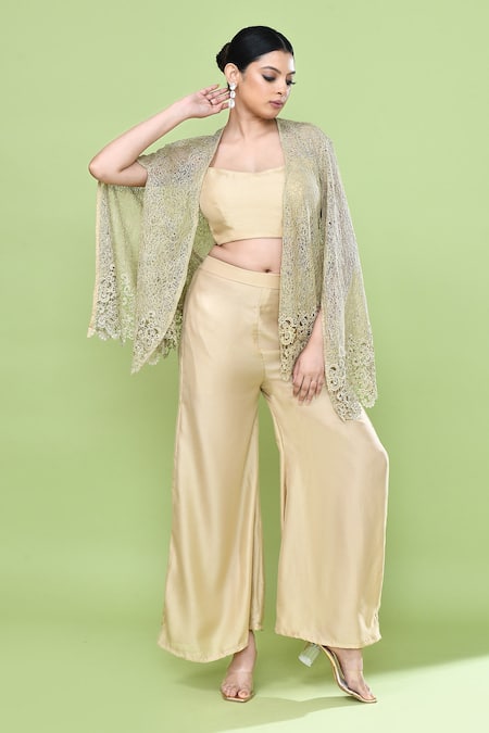 Shop_Sayisha_Beige Silk Open , Sweetheart Cutwork Cape And Pant Set _Online_at_Aza_Fashions