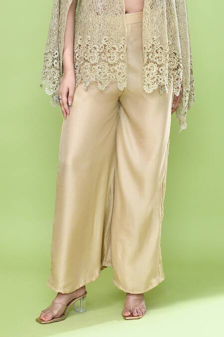 Sayisha_Beige Silk Open , Sweetheart Cutwork Cape And Pant Set _at_Aza_Fashions