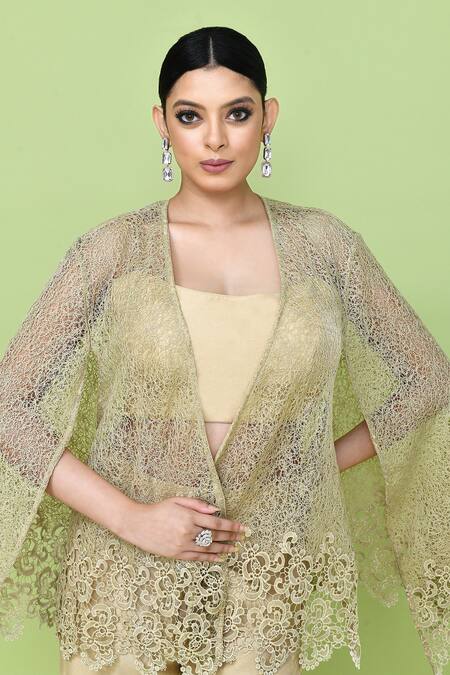 Buy_Sayisha_Beige Silk Open , Sweetheart Cutwork Cape And Pant Set 
