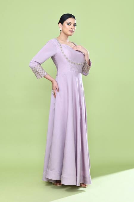 Sayisha_Lavender Cotton Embroidery Sweetheart Neck Notched Gown _Online_at_Aza_Fashions