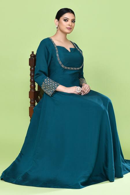 Buy_Sayisha_Green Cotton Embroidery Sweetheart Neck Flared Gown _Online_at_Aza_Fashions