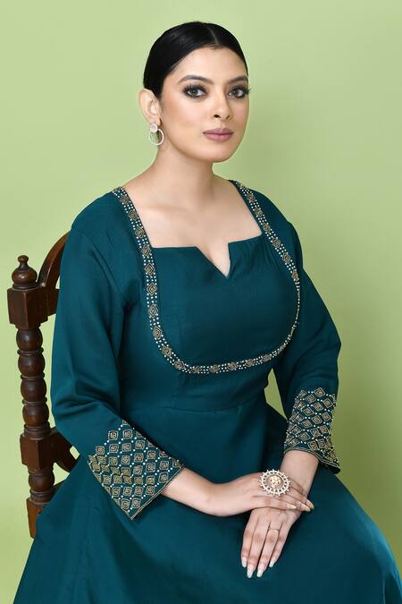Shop_Sayisha_Green Cotton Embroidery Sweetheart Neck Flared Gown _Online_at_Aza_Fashions