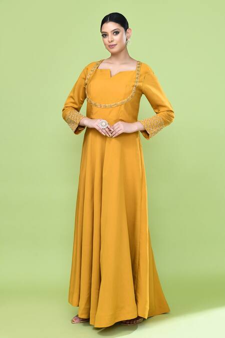 Sayisha_Yellow Cotton Embroidery, Beads Sweetheart Neck Placement Gown _Online_at_Aza_Fashions