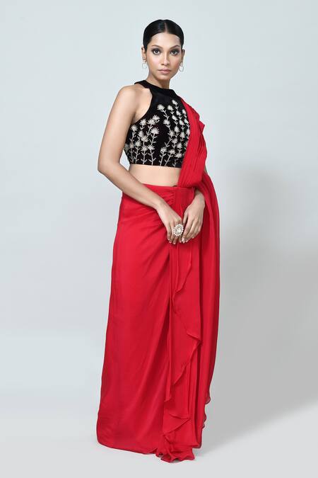 Sayisha_Red Organza, Velvet Embroidery, Zari High Solid Pre-draped Saree With Blouse _Online_at_Aza_Fashions