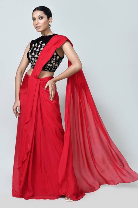 Buy_Sayisha_Red Organza, Velvet Embroidery, Zari High Solid Pre-draped Saree With Blouse _Online_at_Aza_Fashions
