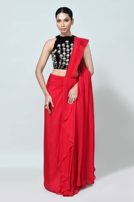 Sayisha Solid Pre-Draped Saree With Embroidered Blouse 