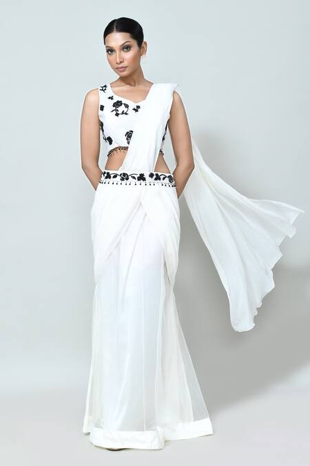 Sayisha_White Net, Georgette, Silk Embroidery, Beads Pre-draped Saree With Blouse _Online_at_Aza_Fashions