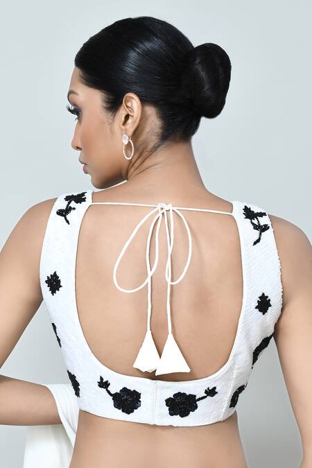 Sayisha_White Net, Georgette, Silk Embroidery, Beads Pre-draped Saree With Blouse _at_Aza_Fashions