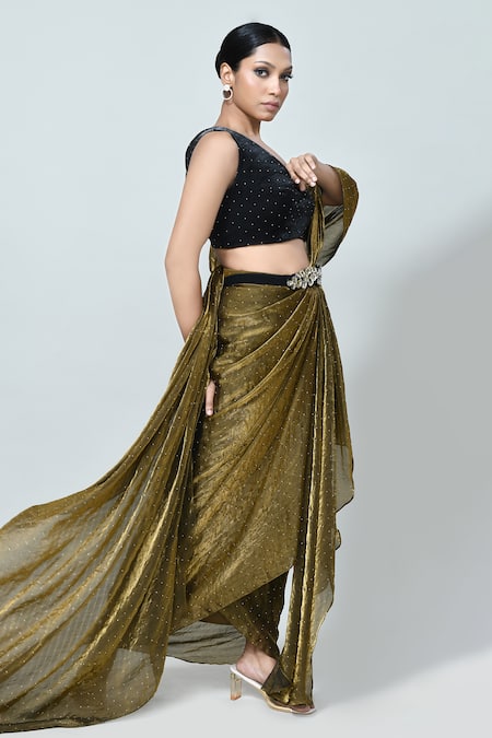 Shop_Sayisha_Brown Sequins V-neck Pre-draped Saree With Embellished Blouse _Online_at_Aza_Fashions