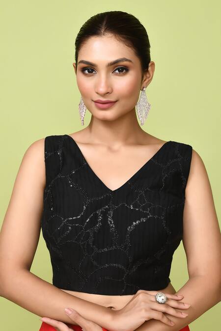 Shop_Sayisha_Red Chinon, Chiffon Sequins, Embroidery V-neck Pre-draped Saree With V Blouse _Online_at_Aza_Fashions