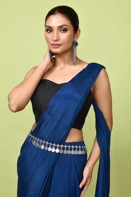 Sayisha_Blue Chinon, Chiffon, Silk Sweetheart Neck Pre-draped Saree With Blouse _at_Aza_Fashions