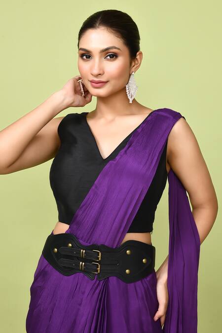 Shop_Sayisha_Purple Chinon, Chiffon, Silk V-neck Pre-draped Saree With Sleeveless Blouse _Online_at_Aza_Fashions