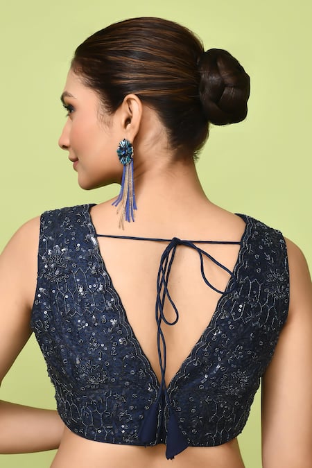 Buy_Sayisha_Blue Chinon, Chiffon, Silk Sequins, Pre-draped Saree With Sleeveless Blouse _Online_at_Aza_Fashions