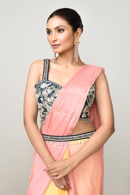 Buy_Sayisha_Peach Chinon, Chiffon, Silk Embroidery, Beads Pre-draped Saree With Blouse _Online_at_Aza_Fashions