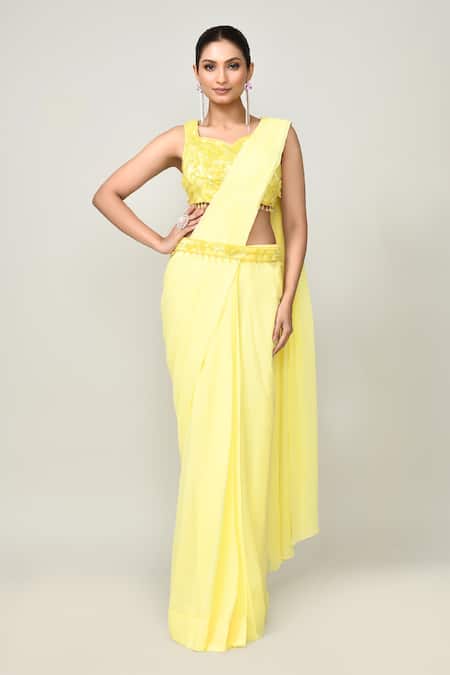 Sayisha_Yellow Chinon, Chiffon, Net Embroidery, Pre-draped Saree With Embellished Blouse _Online_at_Aza_Fashions