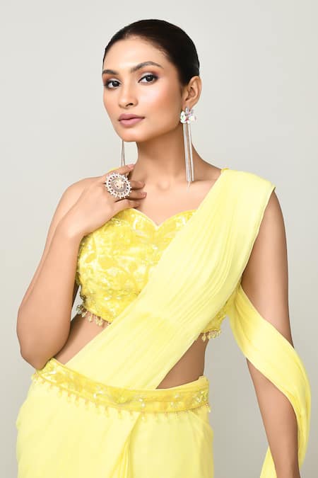 Buy_Sayisha_Yellow Chinon, Chiffon, Net Embroidery, Pre-draped Saree With Embellished Blouse _Online_at_Aza_Fashions