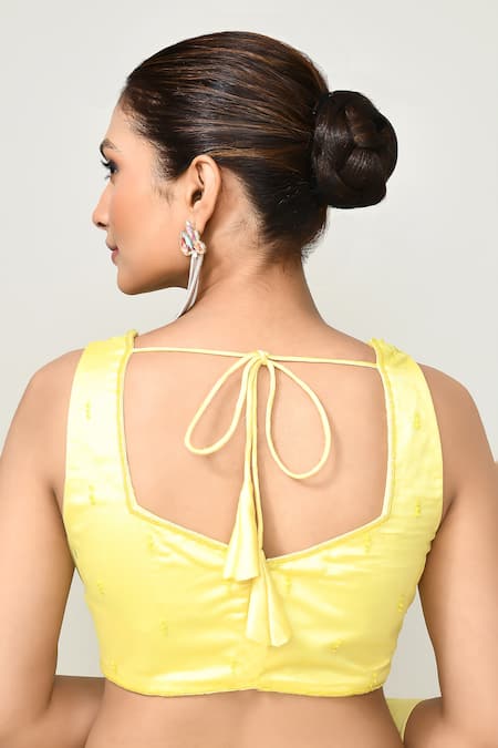 Shop_Sayisha_Yellow Chinon, Chiffon, Net Embroidery, Pre-draped Saree With Embellished Blouse _Online_at_Aza_Fashions