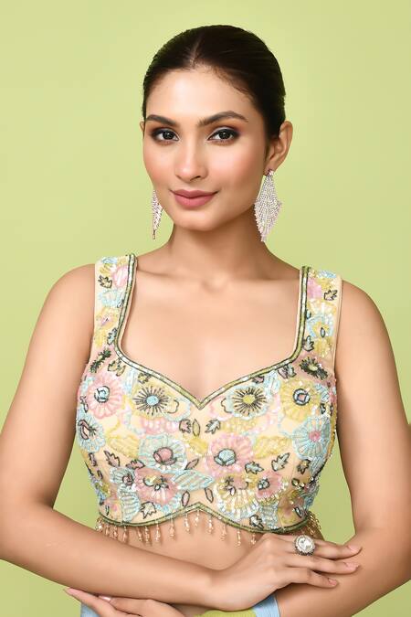 Shop_Sayisha_Sky Blue Chinon, Chiffon, Colorblock Pre-draped Saree With Embellished Blouse _Online_at_Aza_Fashions