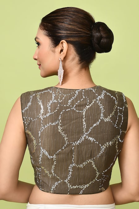 Shop_Sayisha_Cream Chinon, Chiffon, Silk Sequins Pre-draped Saree With Embroidered Blouse _Online_at_Aza_Fashions