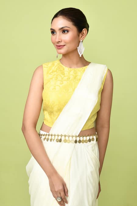 Sayisha_Off White Chinon, Chiffon, Silk Embroidery Pre-draped Saree With Woven Blouse _Online_at_Aza_Fashions