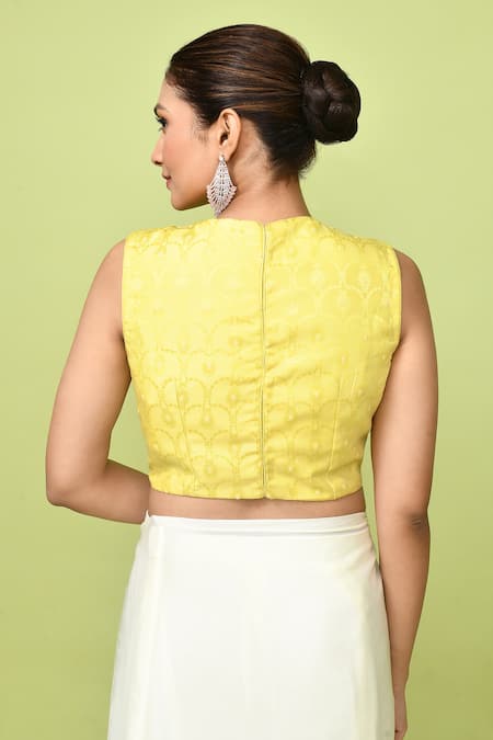 Shop_Sayisha_Off White Chinon, Chiffon, Silk Embroidery Pre-draped Saree With Woven Blouse _Online_at_Aza_Fashions