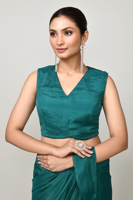 Sayisha_Green Chinon, Chiffon V-neck Pre-draped Saree With Sleeveless Blouse _Online_at_Aza_Fashions