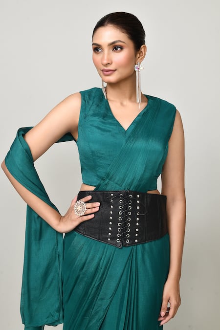 Buy_Sayisha_Green Chinon, Chiffon V-neck Pre-draped Saree With Sleeveless Blouse _Online_at_Aza_Fashions