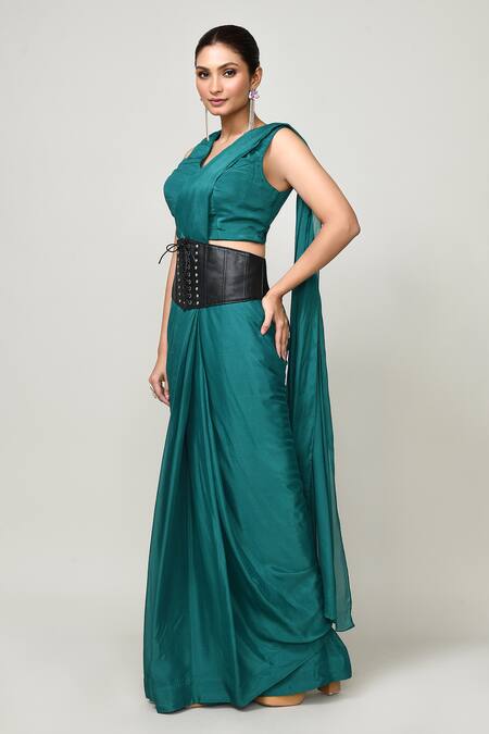 Sayisha_Green Chinon, Chiffon V-neck Pre-draped Saree With Sleeveless Blouse _at_Aza_Fashions