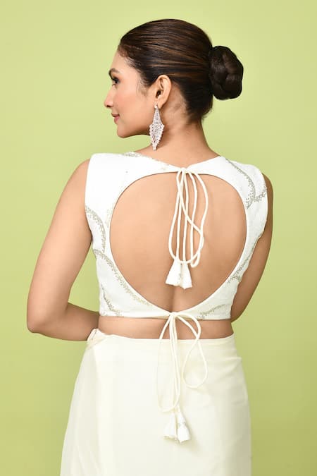 Shop_Sayisha_Off White Chinon, Chiffon, Silk Pre-draped Saree With Sleeveless Blouse _Online_at_Aza_Fashions