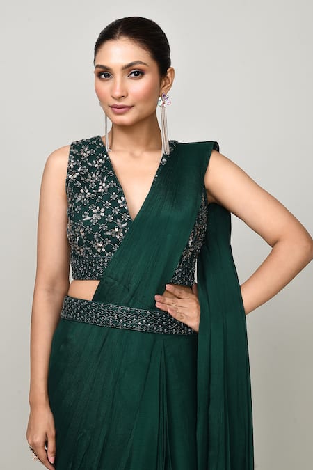 Shop_Sayisha_Green Chinon, Net Embroidery, Sequins V-neck Pre-draped Saree With V Blouse _Online_at_Aza_Fashions