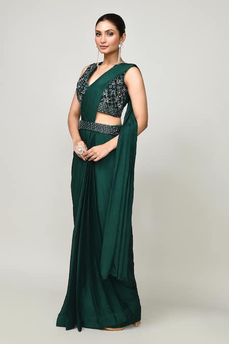 Sayisha_Green Chinon, Net Embroidery, Sequins V-neck Pre-draped Saree With V Blouse _at_Aza_Fashions