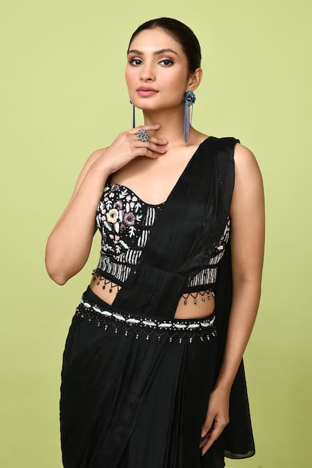 Sayisha_Black Chinon, Chiffon, Crepe Pre-draped Saree With Floral Embellished Blouse _Online_at_Aza_Fashions