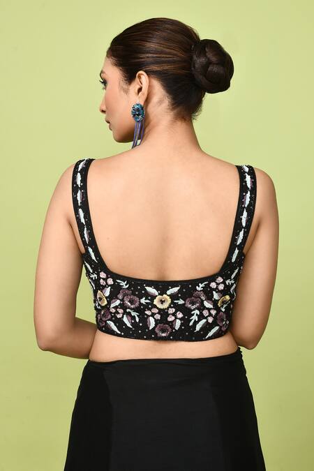 Shop_Sayisha_Black Chinon, Chiffon, Crepe Pre-draped Saree With Floral Embellished Blouse _Online_at_Aza_Fashions