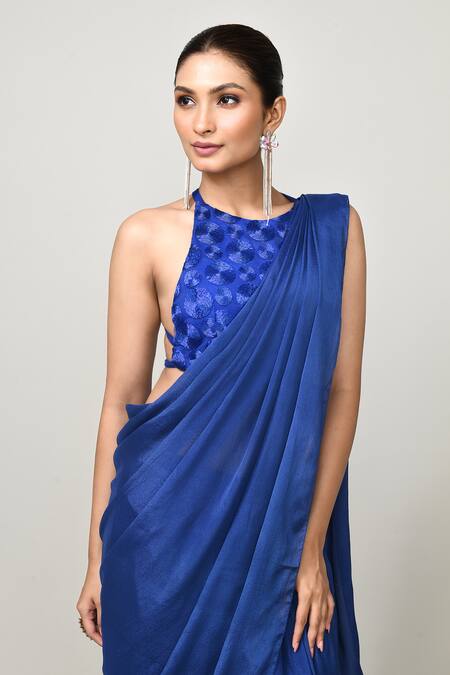 Sayisha_Blue Chinon, Chiffon, Net Embroidery Halter Neck Pre-draped Saree With Blouse _Online_at_Aza_Fashions