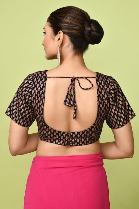 Sayisha_Fuchsia Chinon, Cotton V-neck Pre-draped Saree With Printed Blouse _Online_at_Aza_Fashions