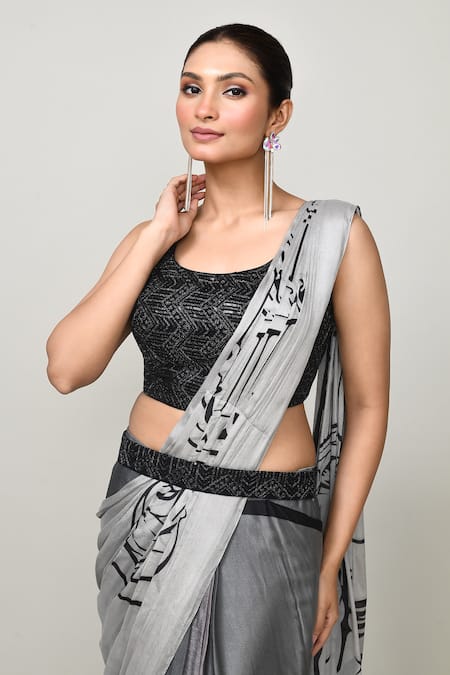 Sayisha_Gray Chinon, Chiffon, Net Embroidery Round Neck Draped Saree With Blouse _Online_at_Aza_Fashions