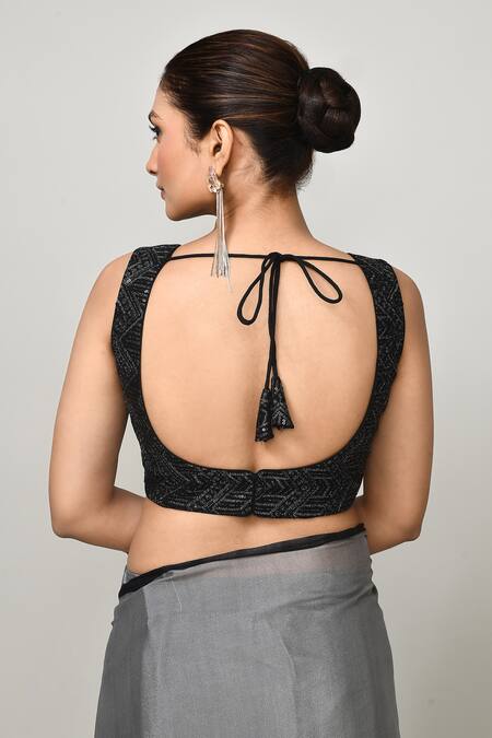 Buy_Sayisha_Gray Chinon, Chiffon, Net Embroidery Round Neck Draped Saree With Blouse _Online_at_Aza_Fashions