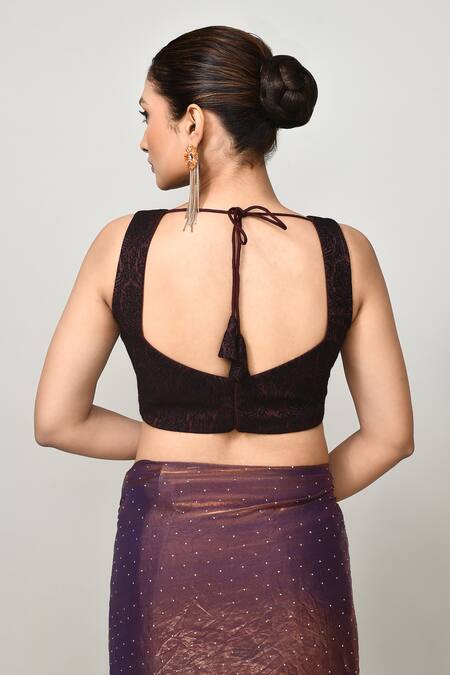 Shop_Sayisha_Brown Georgette, Silk, Net Embroidery Pre-draped Saree With Floral Woven Blouse _Online_at_Aza_Fashions