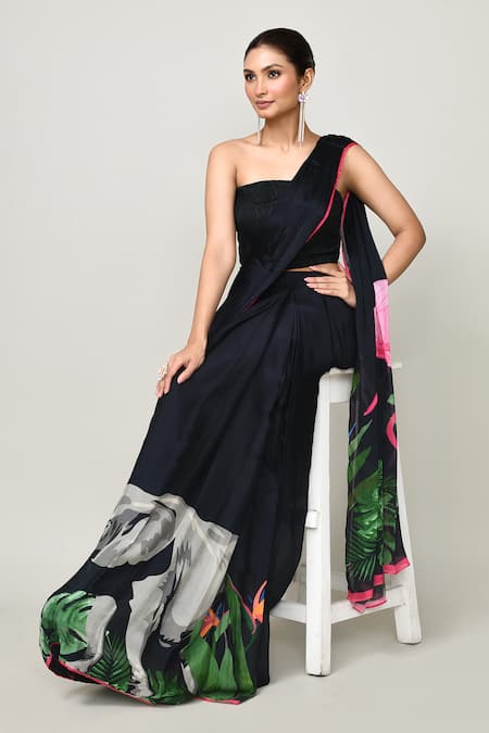 Buy_Sayisha_Black Chinon, Chiffon, Net Bandeau Neck Printed Pre-draped Saree With Blouse _Online_at_Aza_Fashions