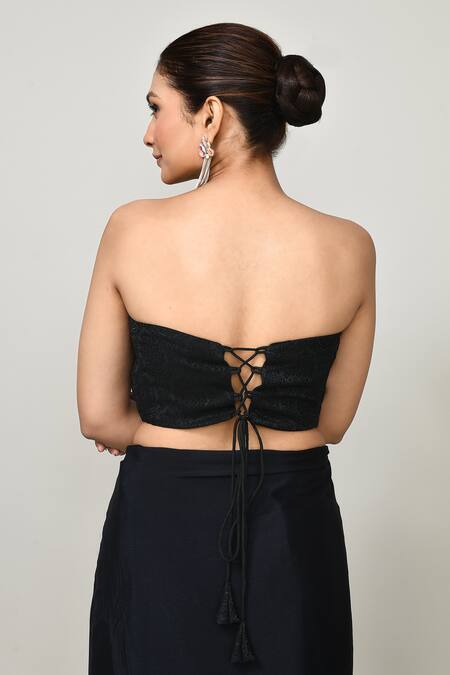 Sayisha_Black Chinon, Chiffon, Net Bandeau Neck Printed Pre-draped Saree With Blouse _at_Aza_Fashions