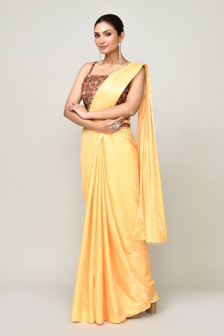 Sayisha_Yellow Cotton Zari, Beads Square Neck Pre-draped Saree With Patola Print Blouse _Online_at_Aza_Fashions