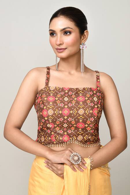 Shop_Sayisha_Yellow Cotton Zari, Beads Square Neck Pre-draped Saree With Patola Print Blouse _Online_at_Aza_Fashions