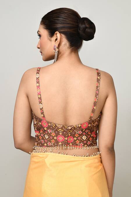 Sayisha_Yellow Cotton Zari, Beads Square Neck Pre-draped Saree With Patola Print Blouse _at_Aza_Fashions