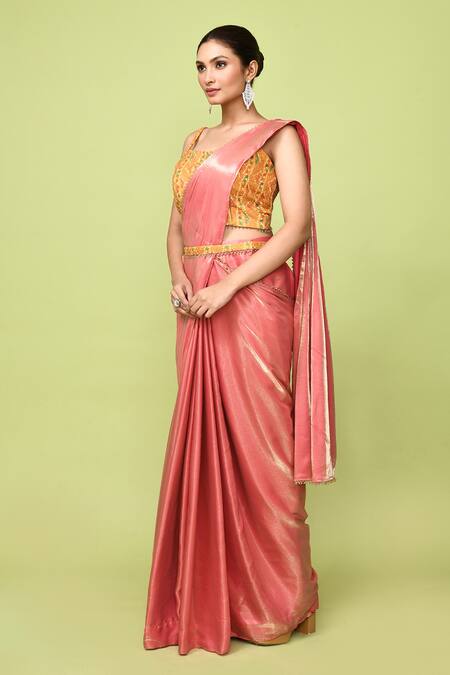 Sayisha_Peach Net Zari, Embroidery Square Neck Pre-draped Saree With Blouse _Online_at_Aza_Fashions