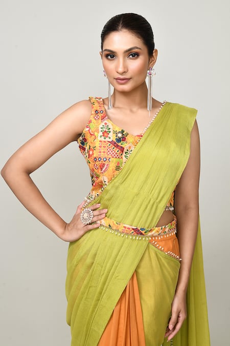 Sayisha_Green Chinon, Net Beads, Embroidery, Pre-draped Saree With Sleeveless Blouse _Online_at_Aza_Fashions