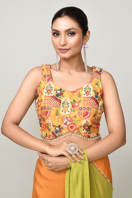 Buy_Sayisha_Green Chinon, Net Beads, Embroidery, Pre-draped Saree With Sleeveless Blouse _Online_at_Aza_Fashions