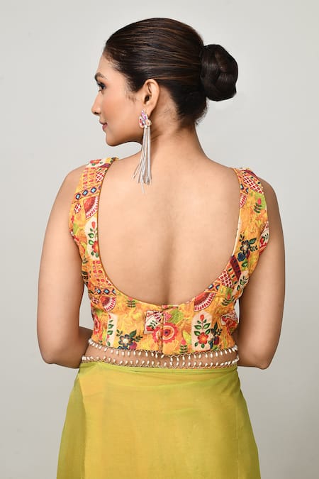 Shop_Sayisha_Green Chinon, Net Beads, Embroidery, Pre-draped Saree With Sleeveless Blouse _Online_at_Aza_Fashions