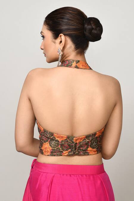 Sayisha_Pink Chinon, Net Halter Neck Draped Saree With Blouse _Online_at_Aza_Fashions