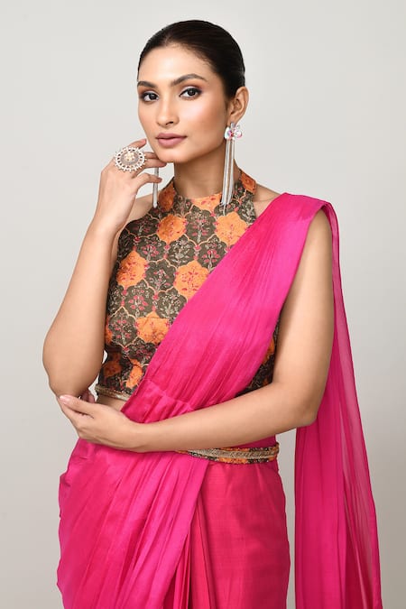 Shop_Sayisha_Pink Chinon, Net Halter Neck Draped Saree With Blouse _Online_at_Aza_Fashions