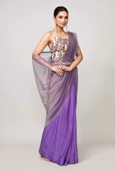 Sayisha_Purple Chinon, Tissue, Net Square Neck Draped Saree With Multicolor Blouse _Online_at_Aza_Fashions